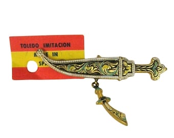 Sabre Blade Sword Brooch Pin Toledo Damascene Style Goldtone Vintage Spain