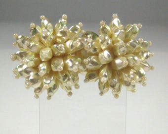 Simulated Faux Pearl Earrings Stud Vintage 1970 Cluster Spray Snowflake Starburst