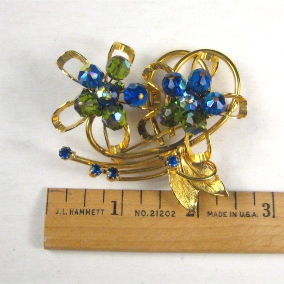 Hobe Vintage Goldtone Double Flower Aurora Boreal… - image 2