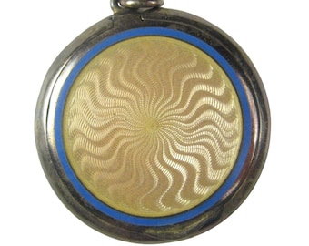 Colgante de medallón de plata esterlina con esmalte antiguo continental, década de 1920, guilloché 925