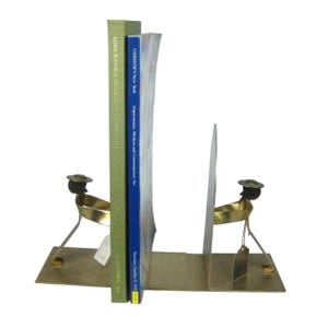 Vintage Brass Bookends Figures Holding Up Books Made Israel Lifeline for Old