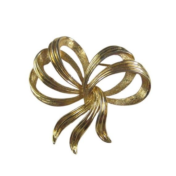 Monet Ribbon Brooch Pin Jewelry Goldtone Bow Metal