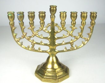 Vintage Brass Menorah 8 Branch Candle Holder Octagonal Jewish Judica Hanukkah