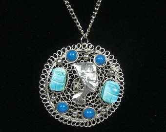 Egyptian Revival Faux Scarab Nefertiti Faux Pendant Necklace Vintage 1970s