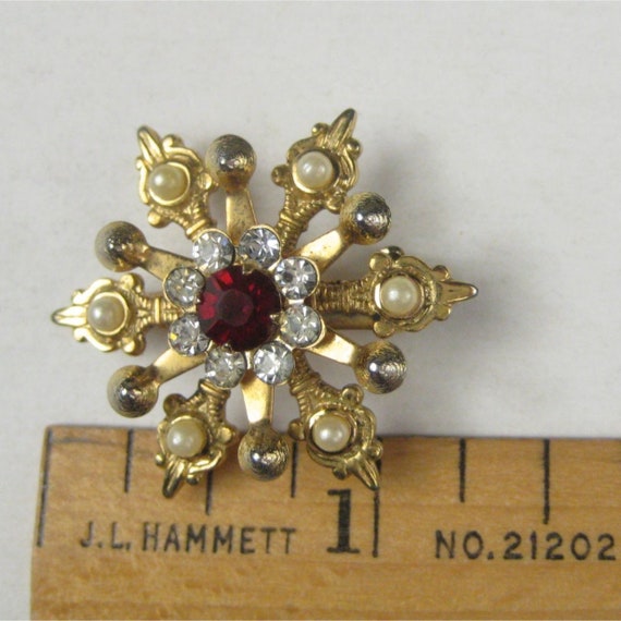 Faux Pearl Rhinestone MCM Brooch Pin Goldtone Vin… - image 2