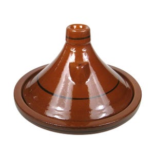 May include: A brown ceramic tagine pot with a conical lid and a wide, circular base. The pot has a glossy finish and is decorated with black stripes around the base. The tagine is designed for cooking and serving Moroccan dishes.