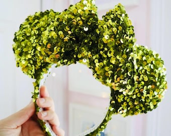 Olive Green Confetti Sequin Mouse Ears, Goofy Green