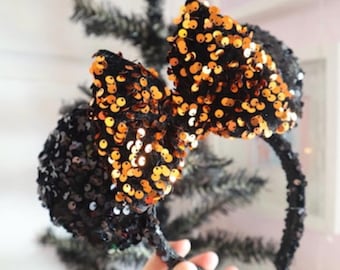 Black Confetti Mouse Ears with Orange and Black Confetti Bow