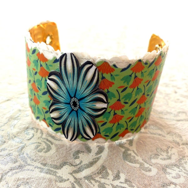 Bracelet large papier origami fleur bleu