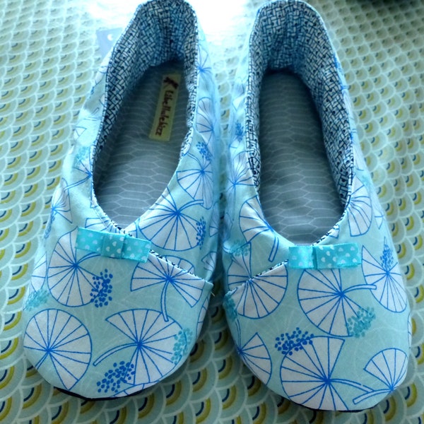 Chaussons femme kimono "feuilles nénuphars" bleu/vert d'eau