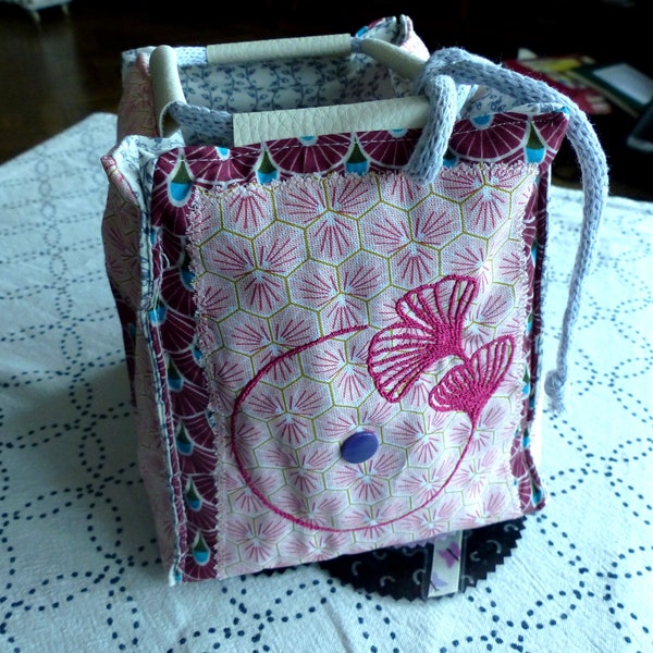 Sac KUMEBUKURO tissus japonais rose poudré fleuri et prune