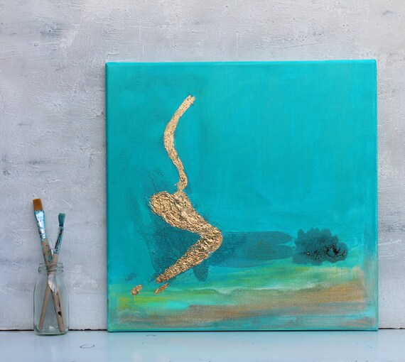 Abstraktes Bild, Türkis, Blattgold, 40x40x1,5 cm, auf Leinwand, abstrakte Malerei, Wanddeko, deko, Kunst,