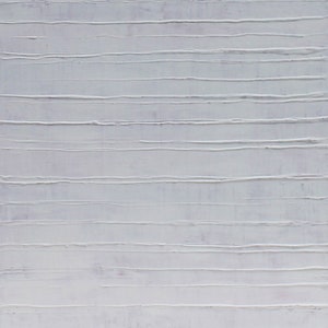 May include: Abstract painting with horizontal white lines on a light gray background.