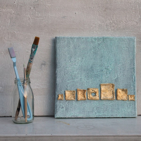 Abstrakte Malerei, Blattgold, Leinwand,  getrocknete Orangenschalen, Malerei, quark, 20x20x1,5 cm, türkis