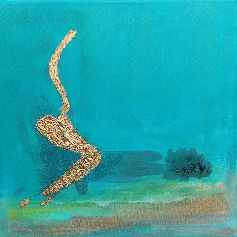 May include: Abstract painting with a gold leaf design on a turquoise background. The gold leaf is in the shape of a flowing line, creating a sense of movement and energy.