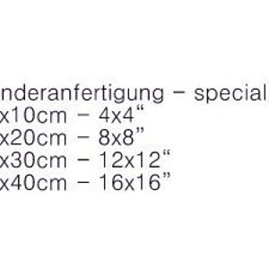 May include: A chart showing the different sizes available for custom-made items. The sizes are listed in both centimeters and inches. For example, 10x10cm is equal to 4x4 inches.