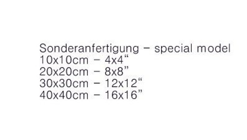 May include: A chart showing the different sizes available for custom-made items. The sizes are listed in both centimeters and inches. For example, 10x10cm is equal to 4x4 inches.