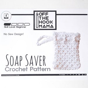 May include: A printable crochet pattern for a white soap saver bag. The pattern is for a beginner skill level and is a no-sew design. The pattern is from Off The Hook Mama.