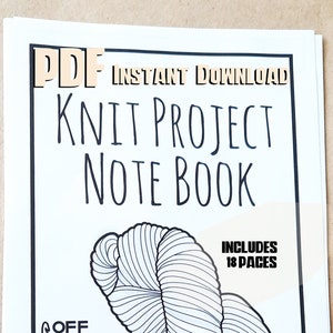 Puede incluir: Una ilustración en blanco y negro de una madeja de lana sobre un fondo blanco. El texto "PDF INSTANT DOWNLOAD KNIT PROJECT NOTE BOOK" está en la parte superior de la página. El texto "INCLUDES 18 PAGES" está en la esquina superior derecha. El texto "OFF THE HOOK MAMA CREATED & DESIGNED" está en la parte inferior de la página.