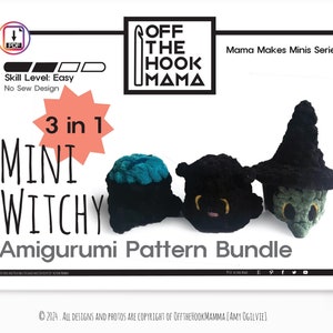 Mini Witchy PATTERN bundle - 3 in 1 Amigurumi crochet teal pumpkin Halloween, Witch, Cauldron & Black Cat Pattern. Include felt templates.