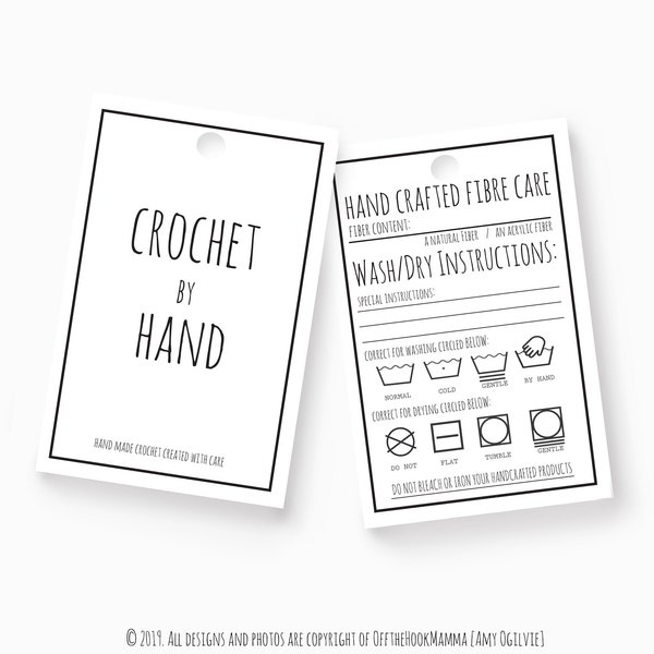 DIY Crochet Tags - Print and Cut. Size & Material Fiber Care Hang labels. 16 Handmade Crochet product tags with mark up washing instructions