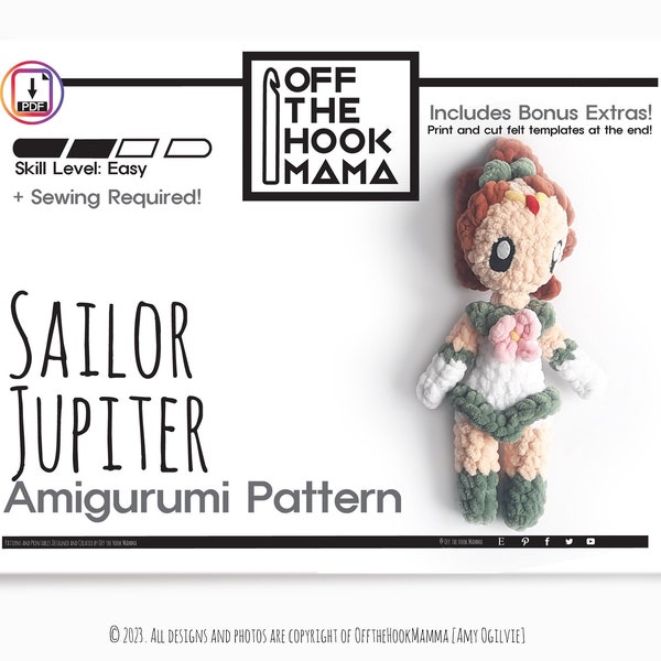 Crochet Sailor Jupiter PATTERN - Chibi Makoto Kino Amigurumi, crochet plush pattern, Kawaii Lita Pattern. PDF includes felt eye templates.