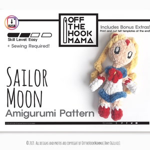 Crochet Sailor Moon PATTERN - Chibi Usagi Tsukino Amigurumi, crochet plush pattern, Kawaii Serena Pattern. PDF includes felt eye templates.
