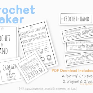 Printable Crochet Etsy Maker tag Bundle / Crochet by hand tag/ Skinny tags/ Washing labels / care instruction/  Craft supplies/ garment tag