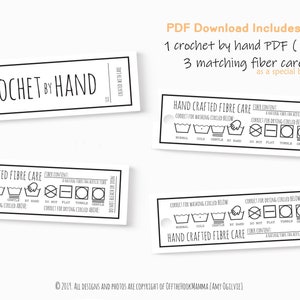 Gehaakte tags printen en knippen - magere bundel 4pg - met de hand haken Maat en materiaal Onderhoud Kledingstuk Hang Tag-labels voor kleine handgemaakte bedrijven.