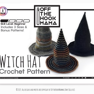 Crochet Witch Hat Pattern with bonus animal ear patterns included! 3 sizes included in the written pattern, Small, medium and Large US terms