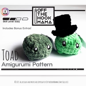 Pode incluir: Um padrão de download digital para crochetar um brinquedo amigurumi de sapo verde. O padrão inclui extras de bônus e é classificado como nível de habilidade fácil. O padrão é de Off The Hook Mama.