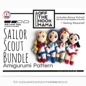 Crochet Sailor Scout PATTERN - Chibi Solar Scout Team Amigurumi, crochet plush pattern, Kawaii Pattern. PDF includes felt eye templates.