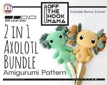 Axolotl Amigurumi Pattern Bundle - 2 in 1 Crochet plushie pattern pack. Includes photos and written instructional tutorial. DIY Kids Stuffie