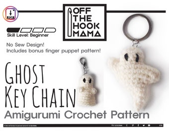 Puede incluir: Un patrón de crochet para un llavero fantasma. El patrón es fácil para principiantes e incluye un patrón de títere de dedo adicional. La imagen muestra un llavero fantasma de crochet blanco y un títere de dedo fantasma de crochet blanco más pequeño.