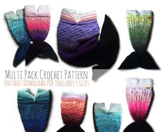 Op de afbeelding: Multipack haakpatroon voor mermaid tail dekens in vijf maten. Het patroon omvat een ​​verscheidenheid aan kleurencombinaties, waaronder paars, teal, roze en groen.
