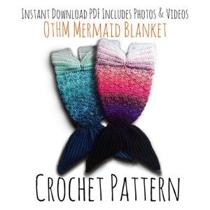 May include: Two crocheted mermaid tail blankets in teal and purple ombre colours with black tails. The crochet pattern includes photos and videos. INSTANT DOWNLOAD PDF INCLUDES PHOTOS & VIDEOS OTHM MERMAID BLANKET CROCHET PATTERN