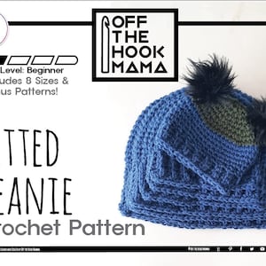 May include: A crochet beanie pattern for a fitted beanie with two black pom poms. The beanie is blue and green with a text overlay that reads "Fitted Beanie Crochet Pattern". The text "Off The Hook Mama" is also visible in the image.