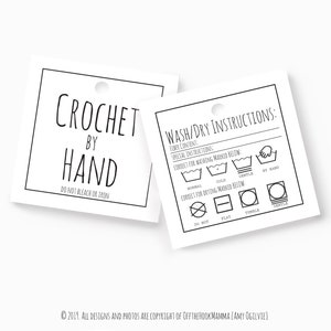 24 Etiquetas de Ganchillo - Imprime y corta. Etiquetas colgantes cuadradas para el cuidado de la fibra. Etiquetas para tarjetas de cuidados hechas a mano en crochet para imprimir con instrucciones de lavado