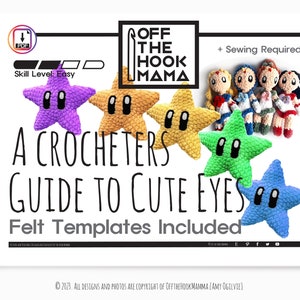 Puede incluir: Una guía de crochet para hacer ojos lindos para proyectos de amigurumi. La guía incluye plantillas de fieltro e instrucciones para crear diferentes estilos de ojos. La imagen muestra cinco amigurumi con forma de estrella de crochet con ojos de diferentes colores.