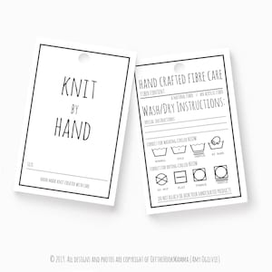 DIY Print and cut - Knit by Hand Garment Tag / Size and fiber care Hang labels for Handmade projects or Small business product tags.