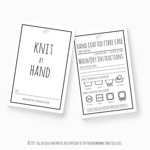 DIY Print and cut - Knit by Hand Garment Tag / Size and fiber care Hang labels for Handmade projects or Small business product tags.