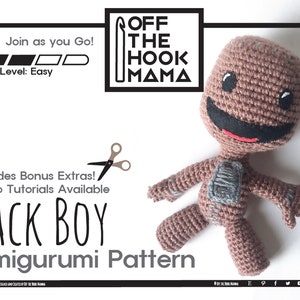 Sack Boy Amigurumi Crochet Pattern. How to Crochet Sock Boy video tutorials and stuffed toy Pattern. DIY Sock puppet crochet poppet pattern.
