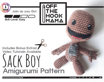 Sack Boy Amigurumi Crochet Pattern. How to Crochet Sock Boy video tutorials and stuffed toy Pattern. DIY Sock puppet crochet poppet pattern.