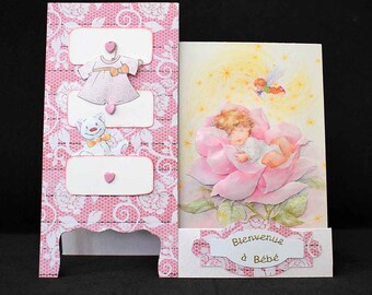 Carte pop up pour naissance baptême sur papier rose au motif chambre et commode