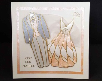 Carte pour mariage en 3D au motif costumes de mariés en stickers et papiers aux teintes orangées