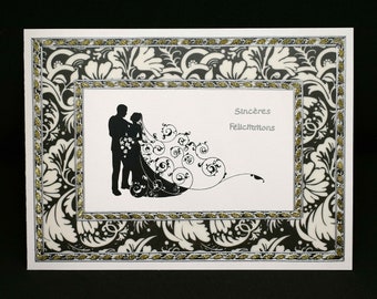 Carte pour mariage en noir et blanc sur papier calque imprimé  au motif de mariés et d'arabesques