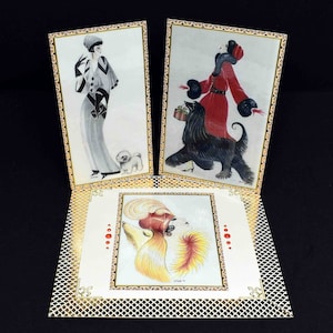 Crazy New Year card for birthday with women in hats and dogs motifs