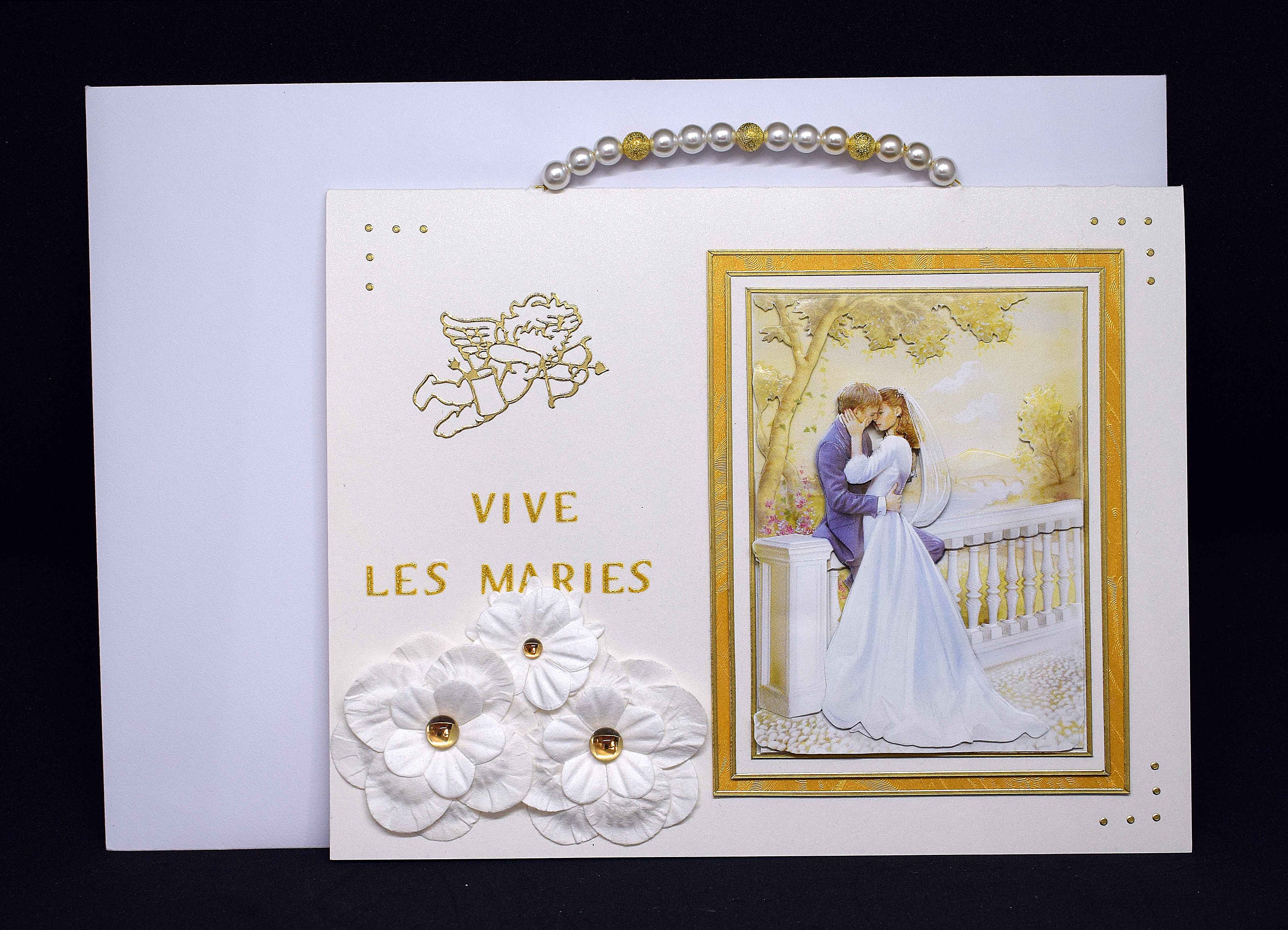 Handmade 3D Wedding Card With White Flowers and Beaded Handles ...