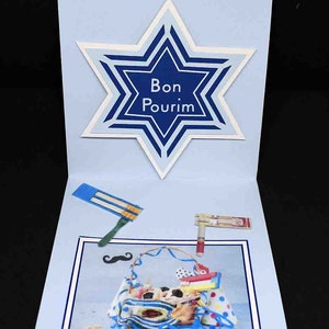 Carte pour fêtes juives Bon Pourim motif Etoile de David panier et crécelles