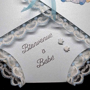 Carte de naissance bébé en 3D en forme de lange bleue motif bébé ruban bleu et dentelle de calais image 5